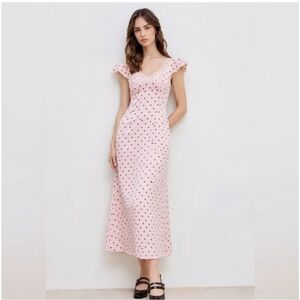 Thirty/Thirty Pink Polka Dot Satin Lace Detail Cut-out Back  Maxi Dress  Large